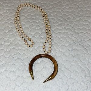 Beautiful Half Moon Long Necklace with Wood& Gold Accents  21” long